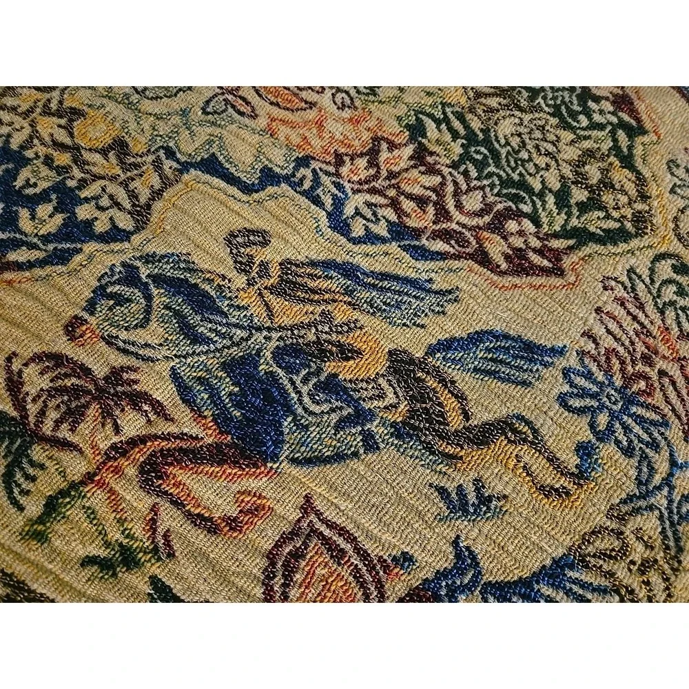 Vtg Silk Woven Tapestry Arabian Horse Rider Tablecloth Bedspread Coverlet